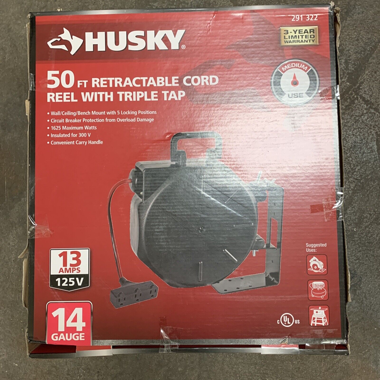 Husky 50ft Retractable cord reel with Triple Tap